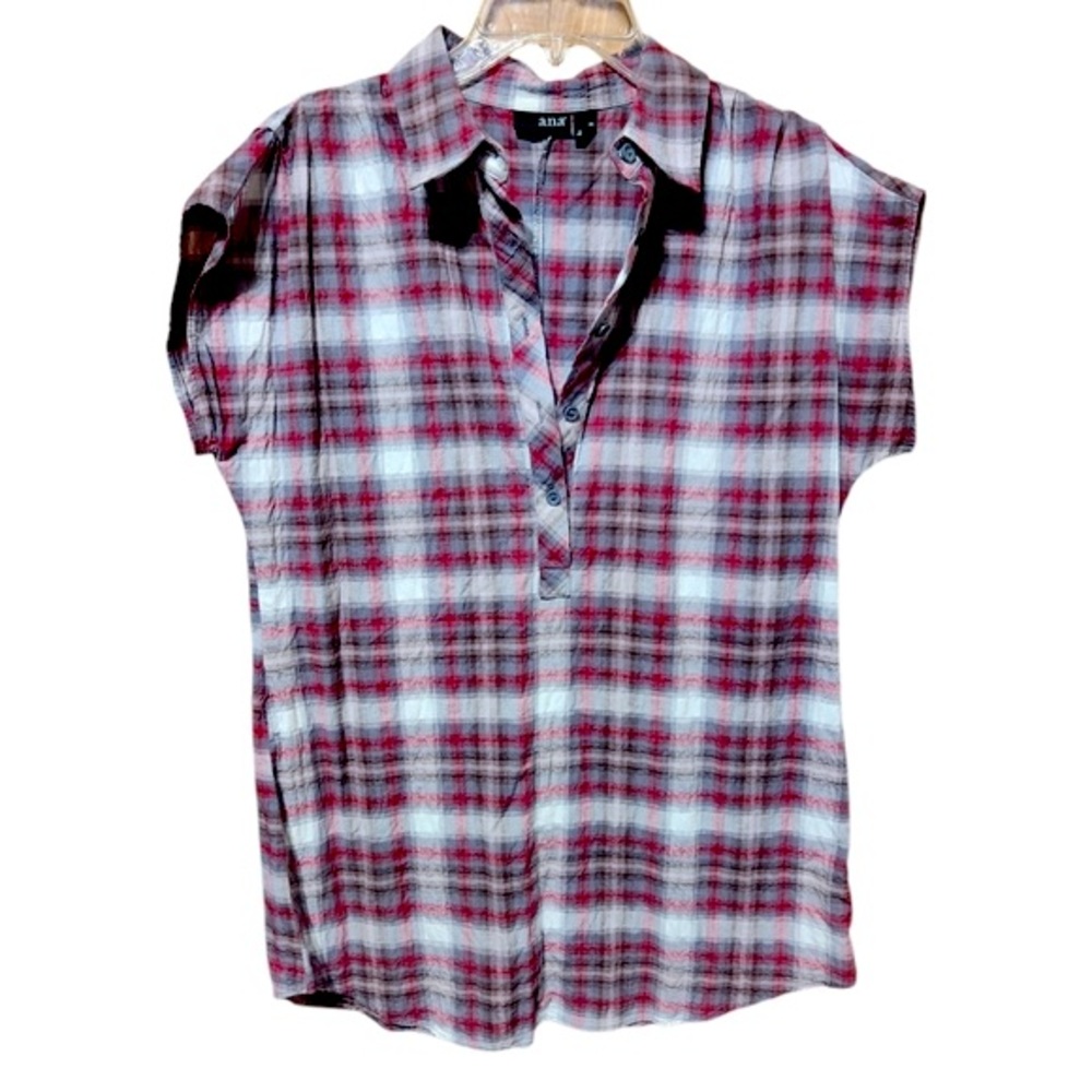 ANA cute plaid partial button down short sleeve shirt. Size Small
